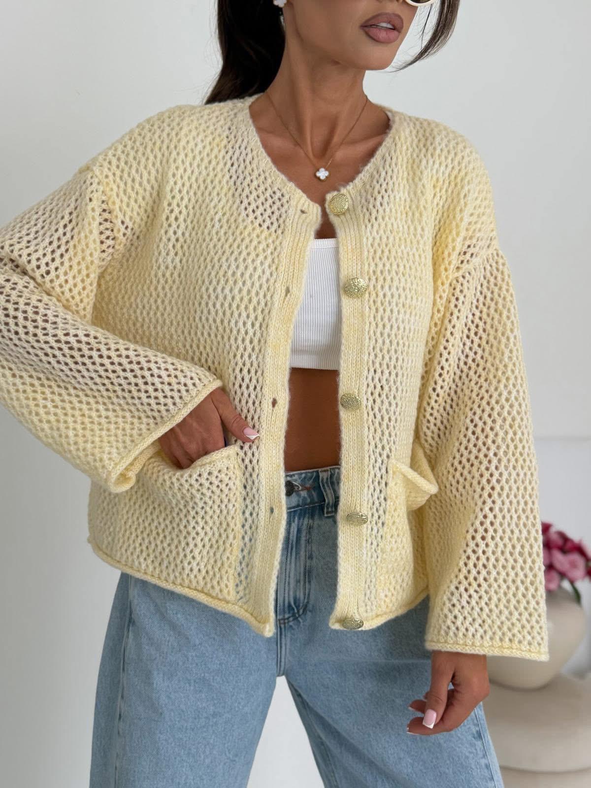 Bananowy Ażurowy Sweter Kardigan BOCCA 