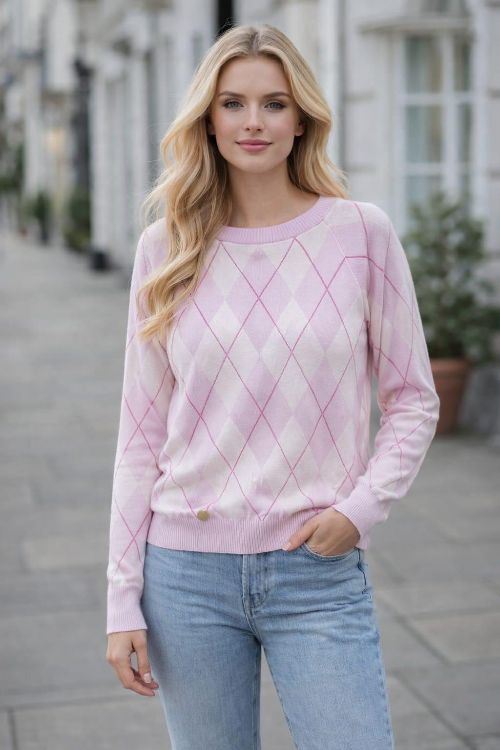 Luksusowa Bluza Sweter w Romby Minouu  Różowa