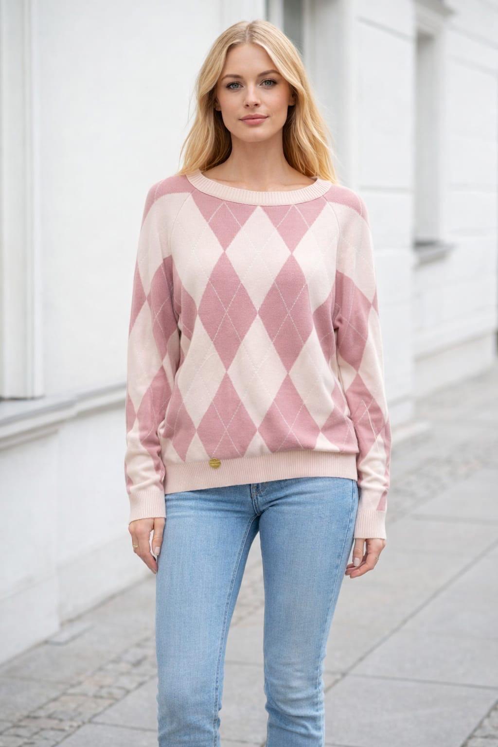 Luksusowa Bluza Sweter w Romby Minouu Pudrowy Róż