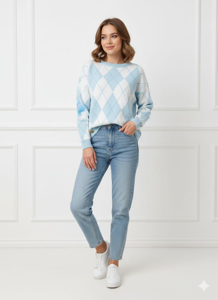 Luksusowa Bluza Sweter w Romby Minouu Błękitna 