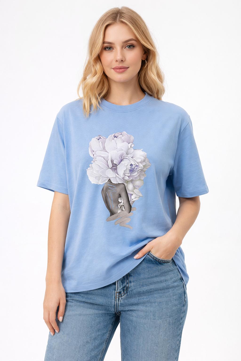 Bluzka T-shirt Minouu Kobieta z Piwoniami Kolor Błękitny