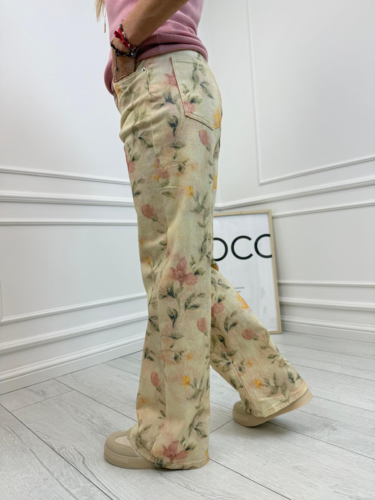 Szerokie Spodnie Jeans z Kwiatami