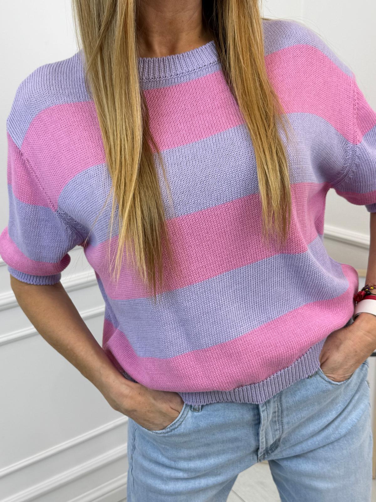 Sweterek w Paski Liliowo Różowy