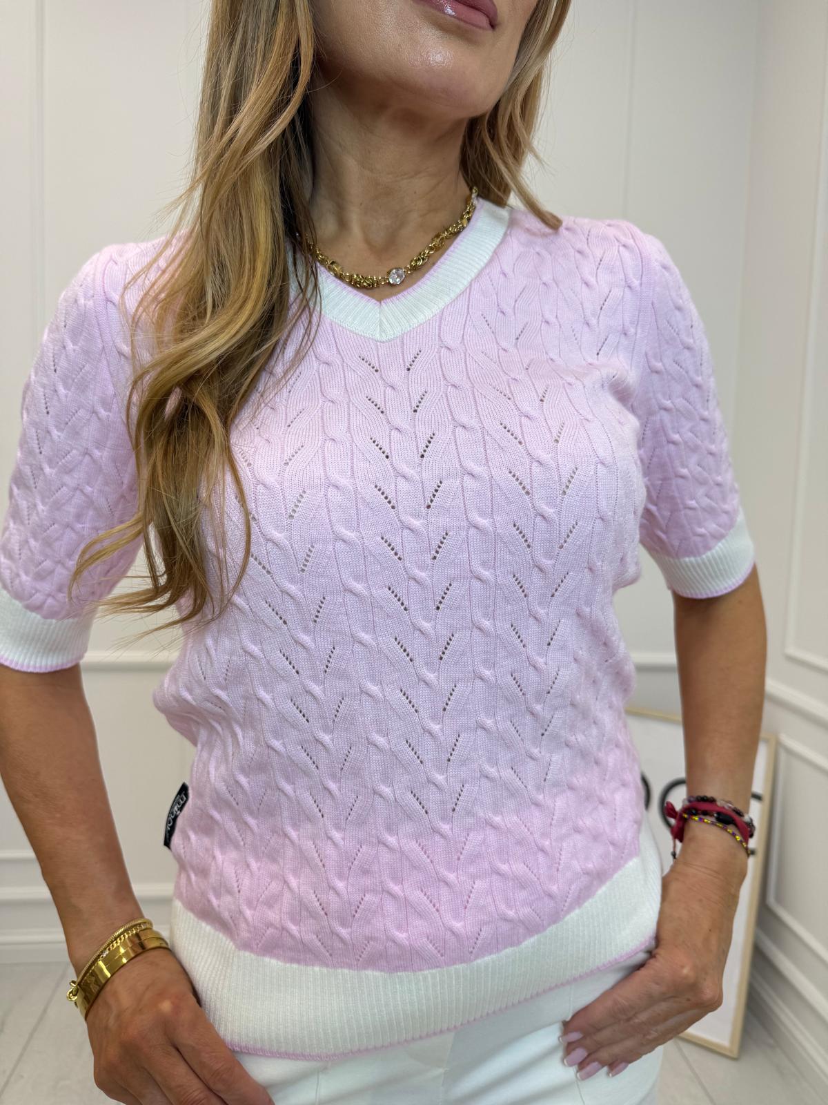 Sweterek Wiskozowy Warkocz Różowy z Białym