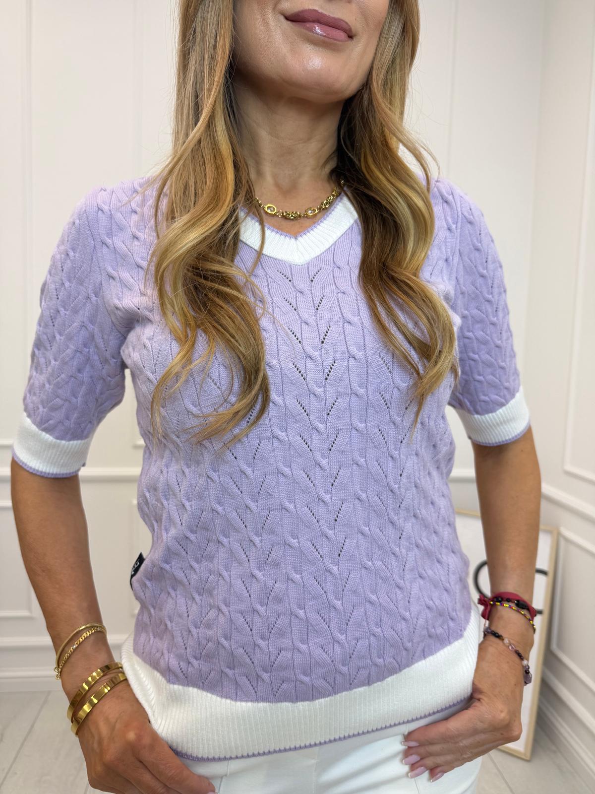 Sweterek Wiskozowy Warkocz Liliowy z Białym 