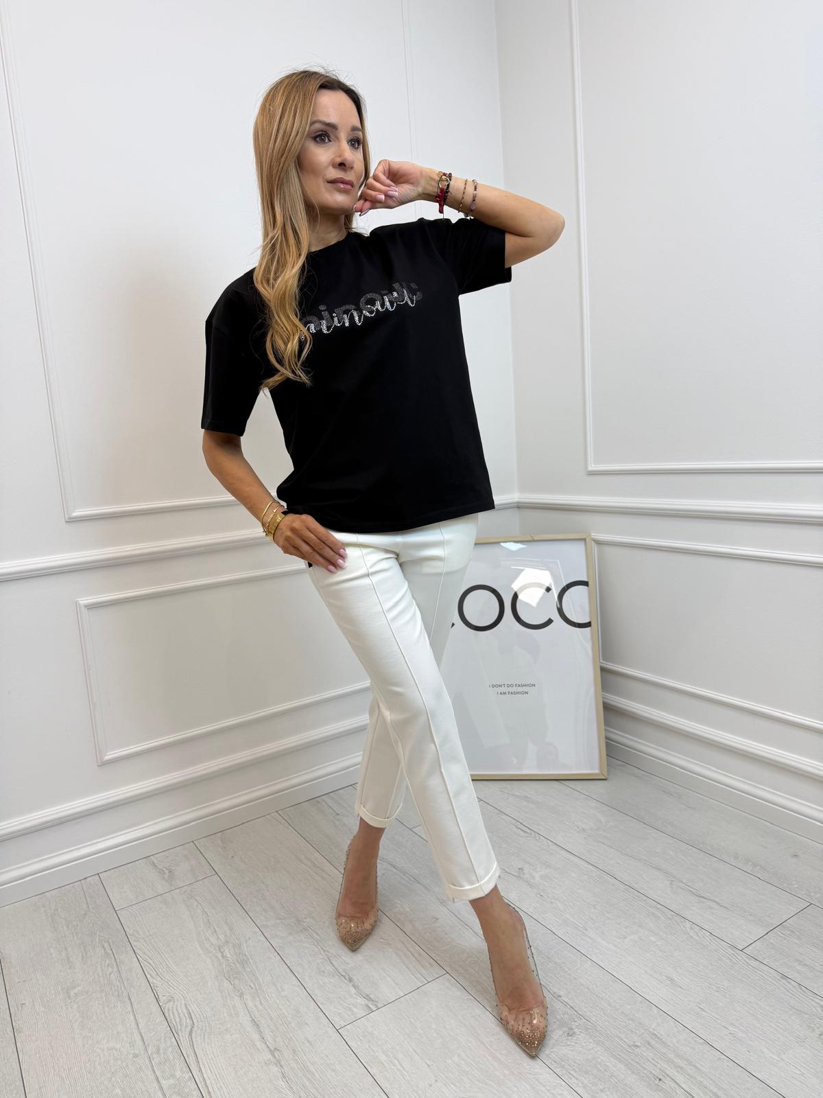 Bluzka T-shirt Minouu Cyrkoniowy Napis Kolor Czarny 