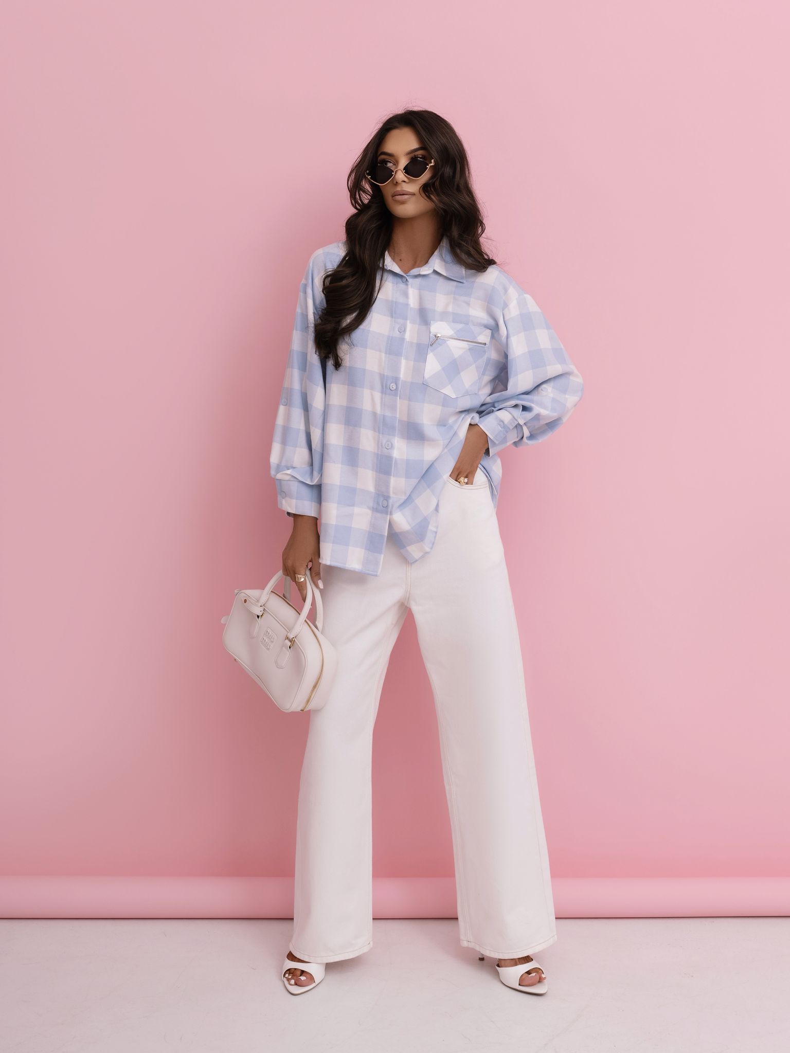 Koszula Xana w Błękitno Białe Kratę