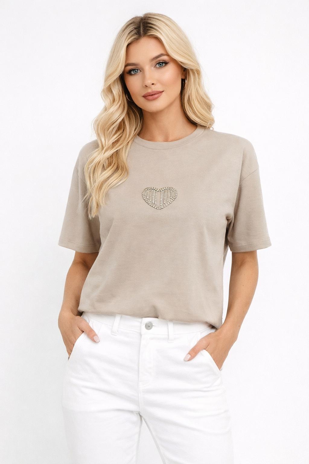 Beżowa Bluzka T-shirt Minouu z Diamentowym Sercem