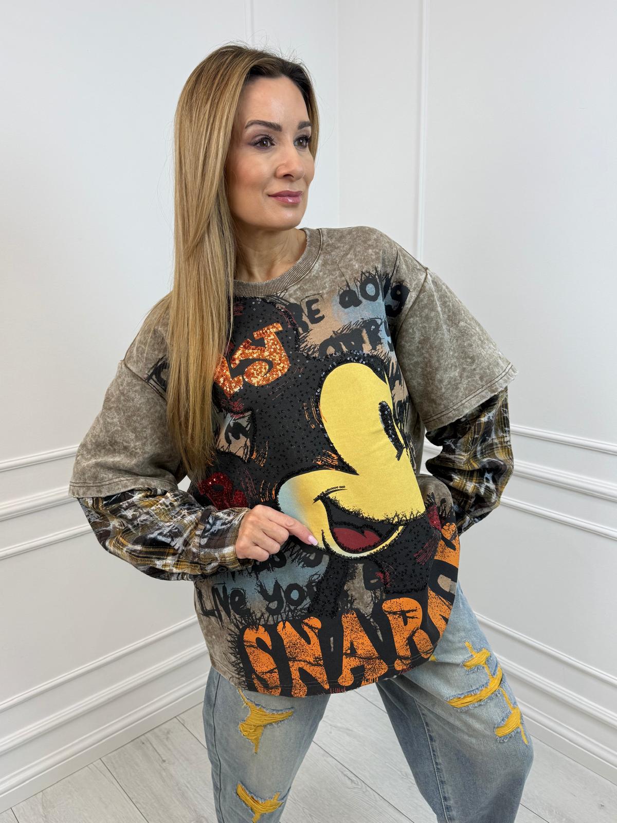 Dekatyzowana Oversizowa Bluzka T-Shirt Mickey Aplikacją Przód Tył