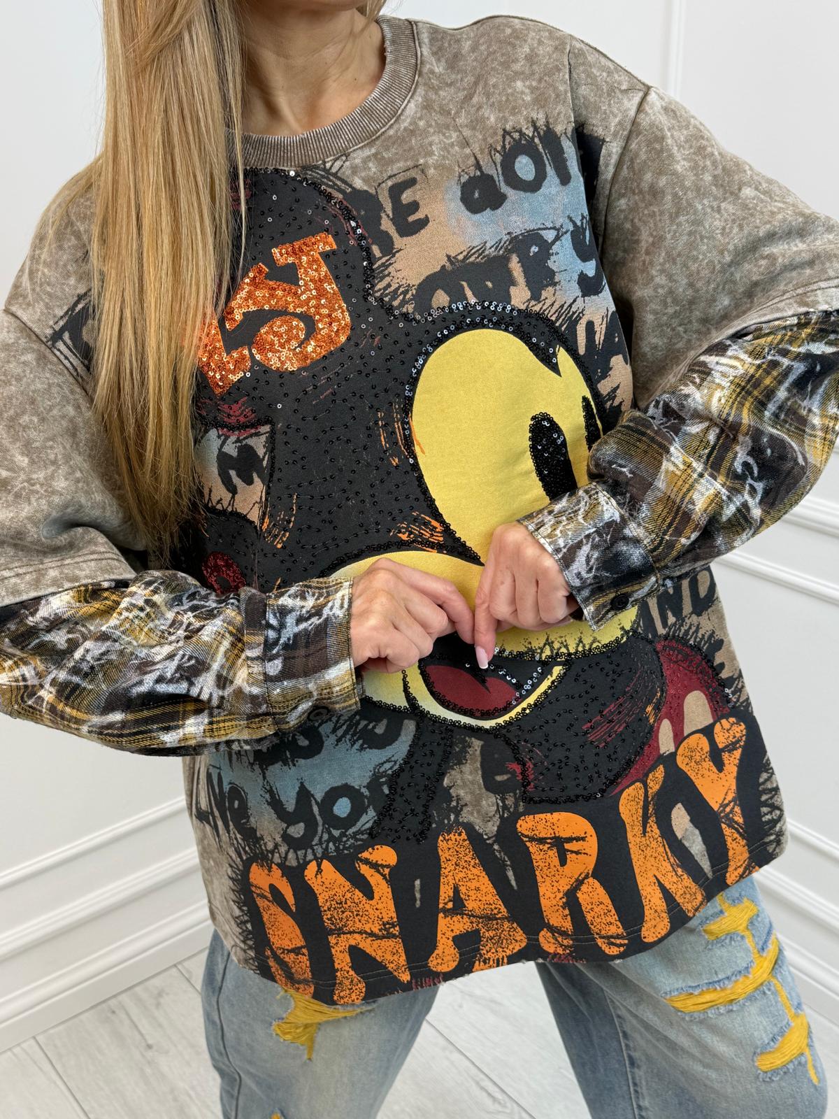 Dekatyzowana Oversizowa Bluzka T-Shirt Mickey Aplikacją Przód Tył