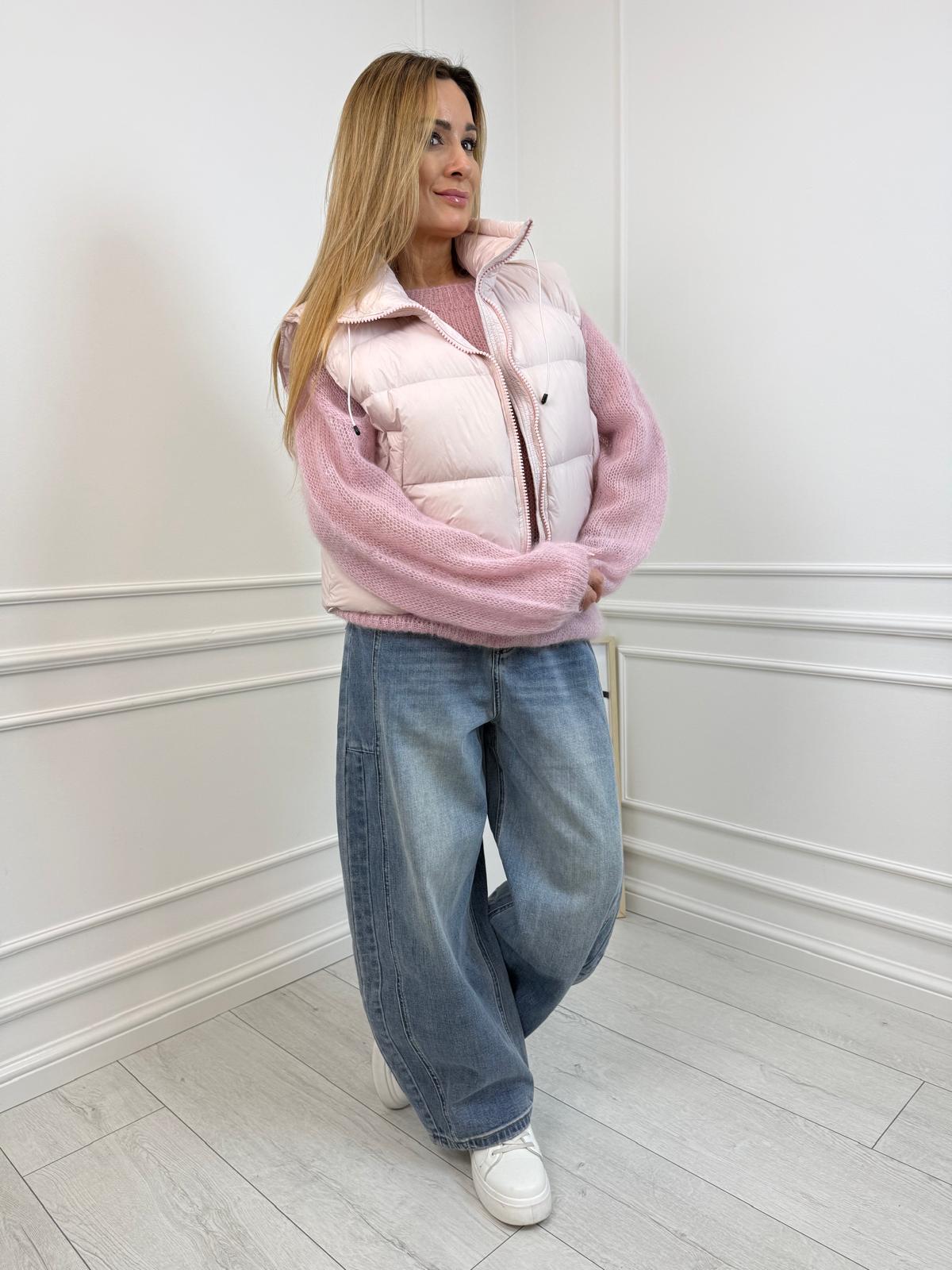 Pudrowa Kamizelka Pikowana z Wypełnieniem z Kaczego Puchu