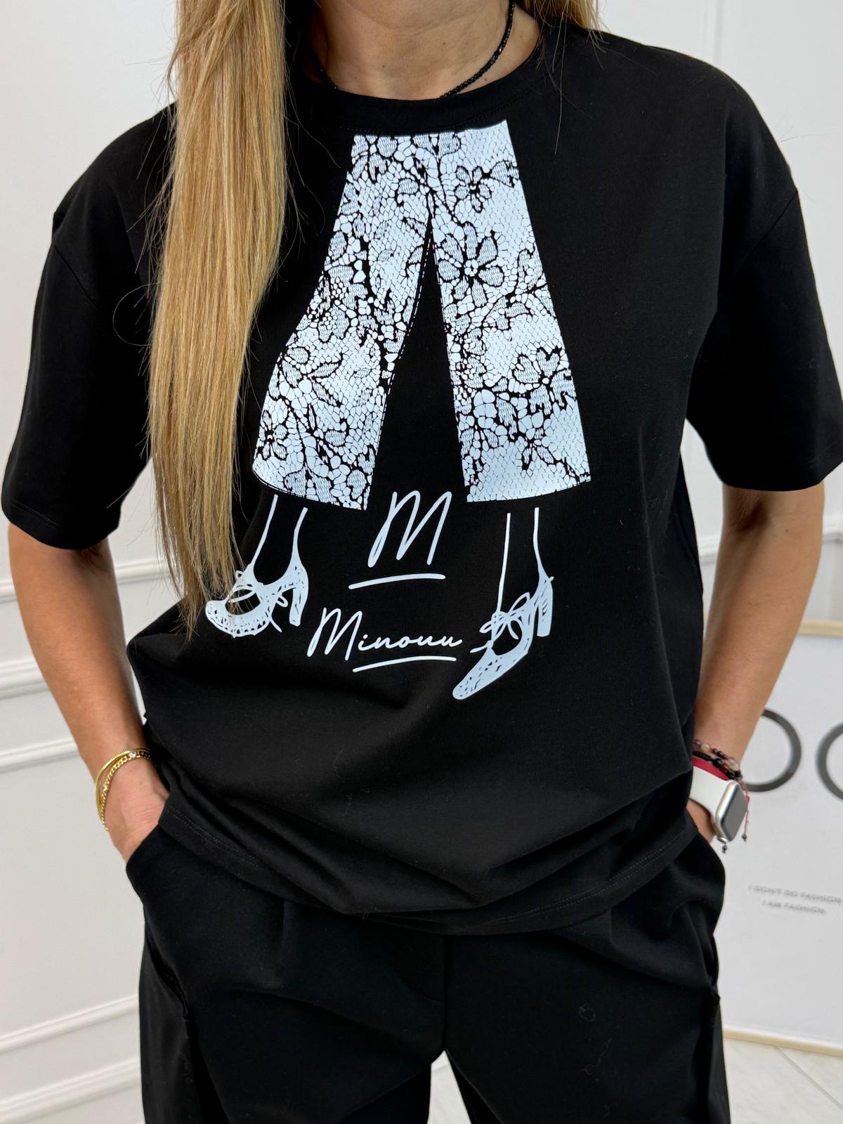 Bluzka T-shirt Minouu Pantofelki Czarna