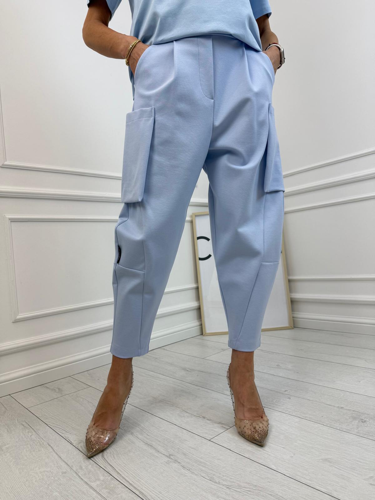 Błękitne Spodnie Minouu Bojówki z Kieszeniami na Bokach