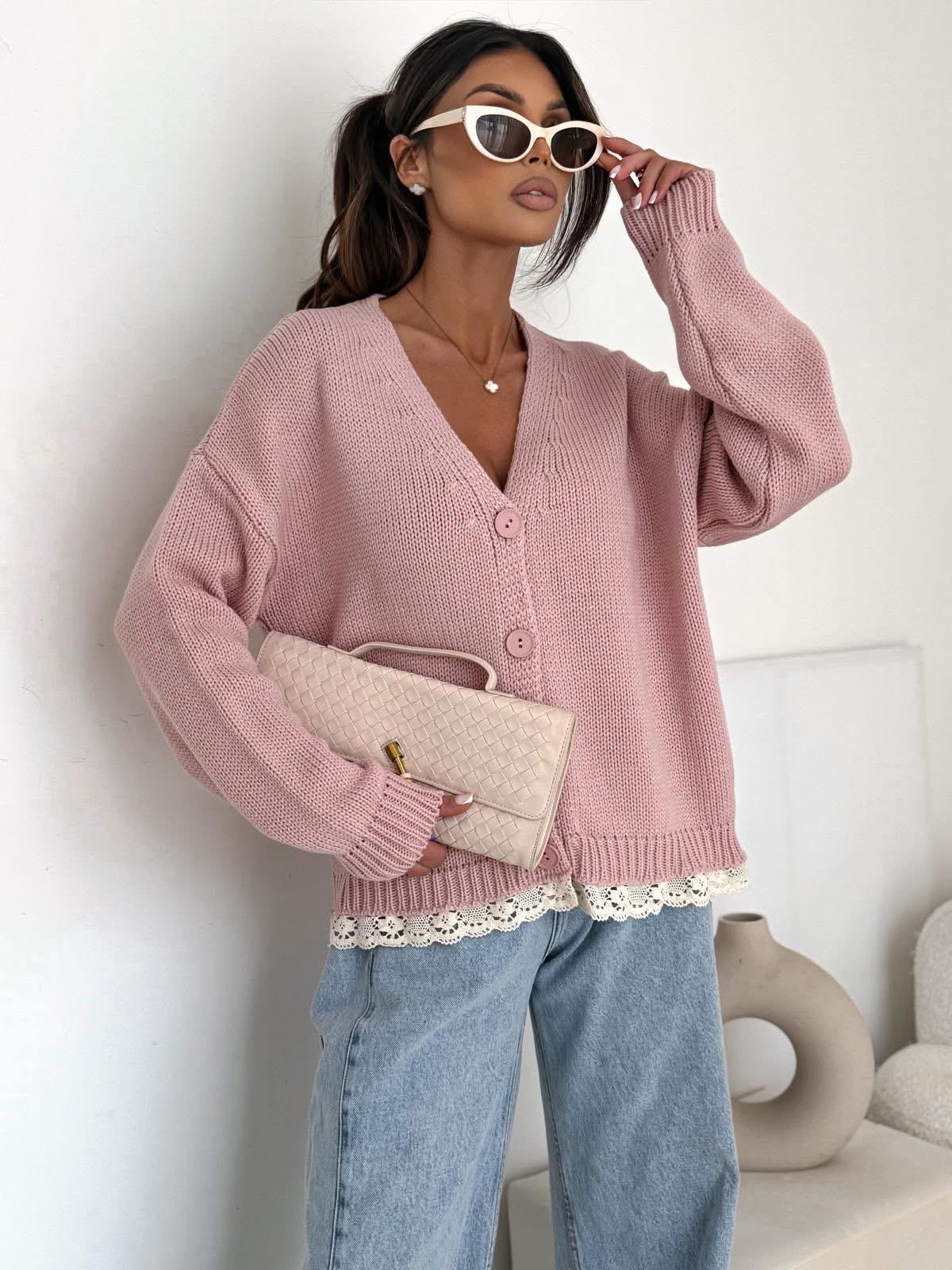 Sweter Bocca z Koronką Różowy