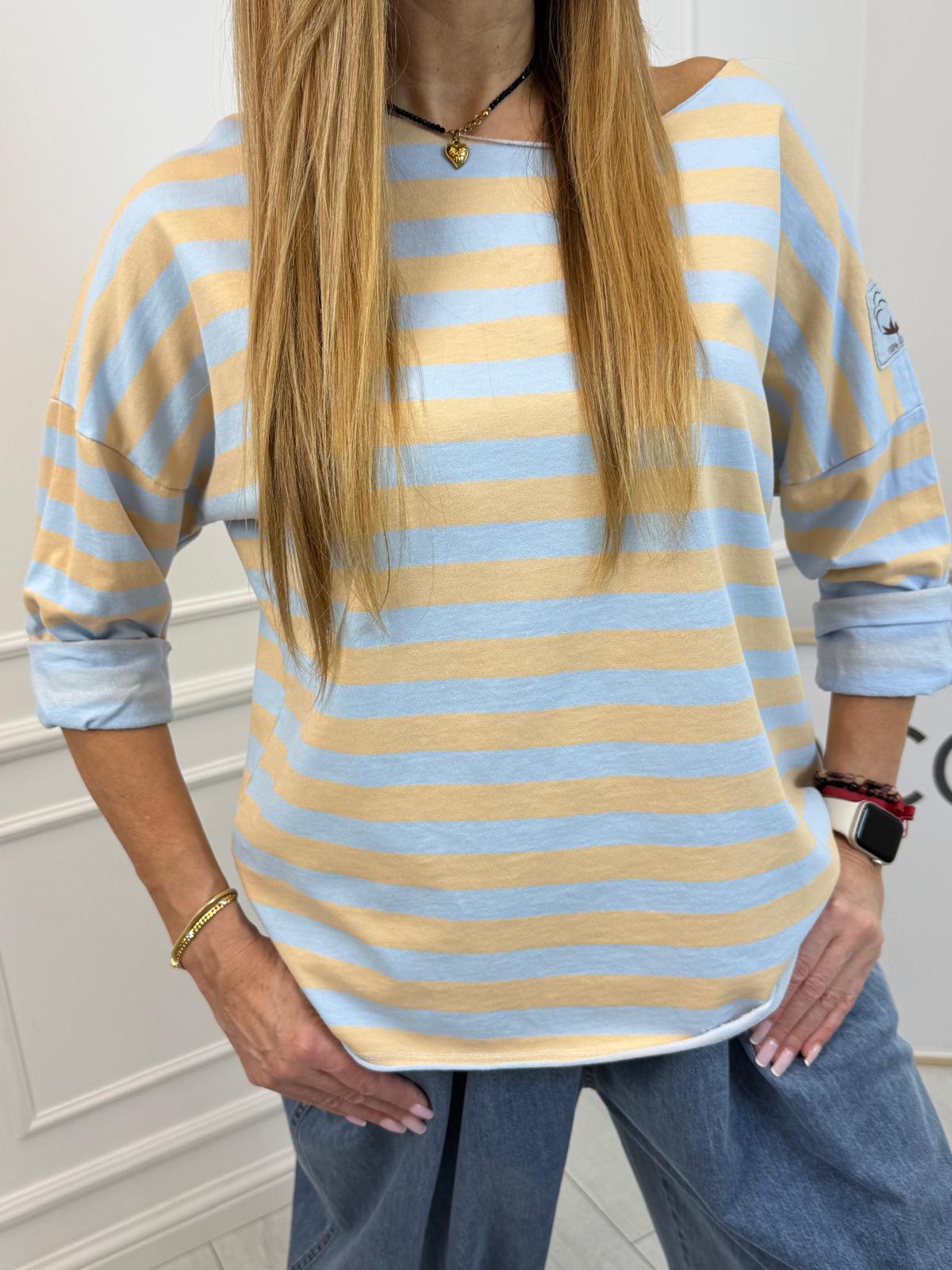 Bawełniana Bluzka w Pastelowe Paski Błękitno Morelowa 