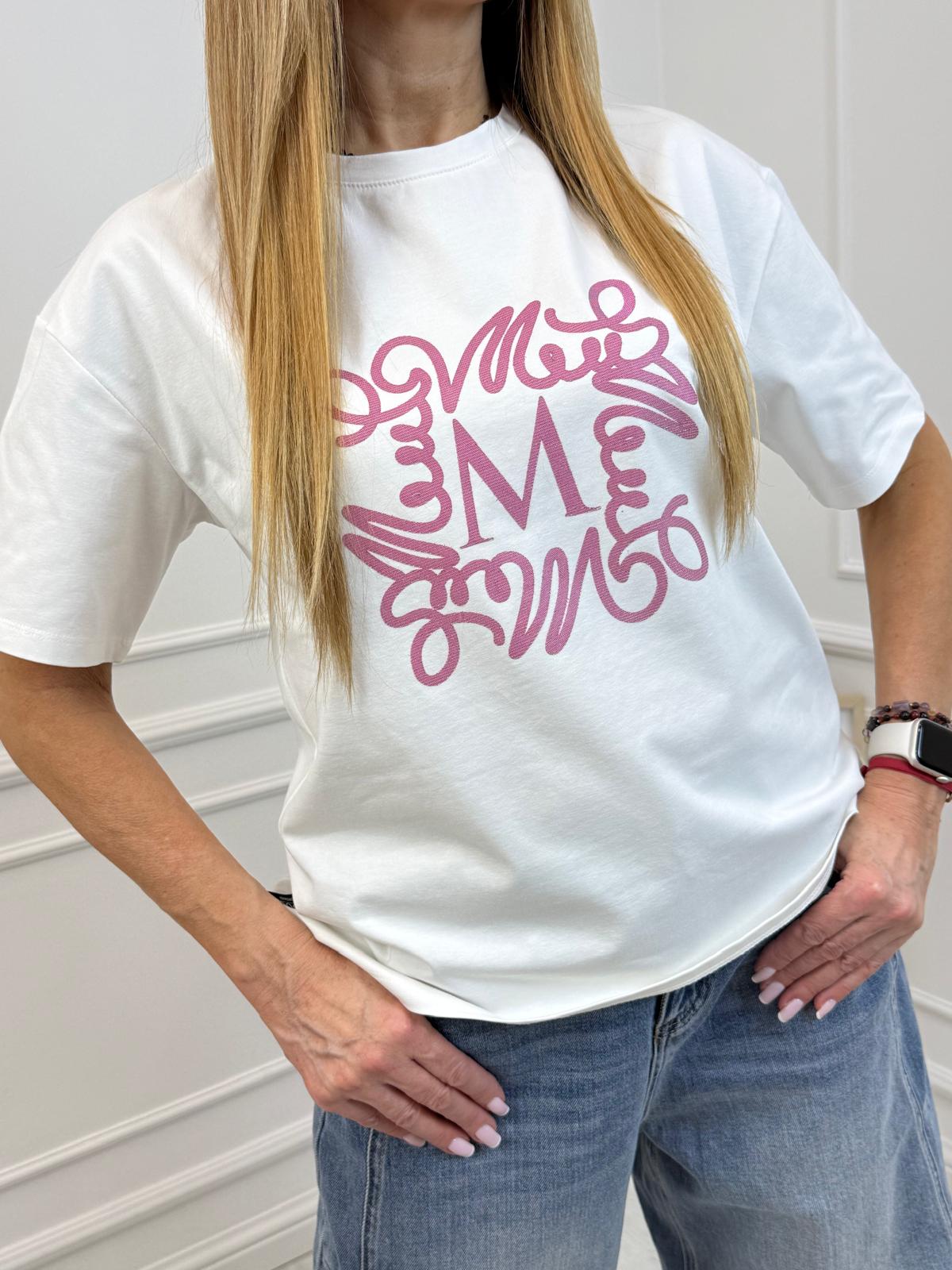 Biała Bluzka T-shirt Minouu z Dekoracyjnym Różowym Logo