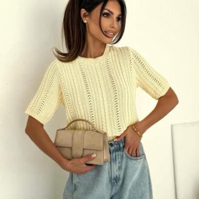 Sweter Bocca Ażurowy Warkocz z Krótkim rękawkiem Bananowy