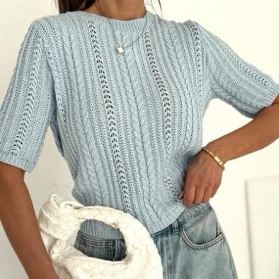  Sweter Bocca Ażurowy Warkocz z Krótkim rękawkiem Błękitny