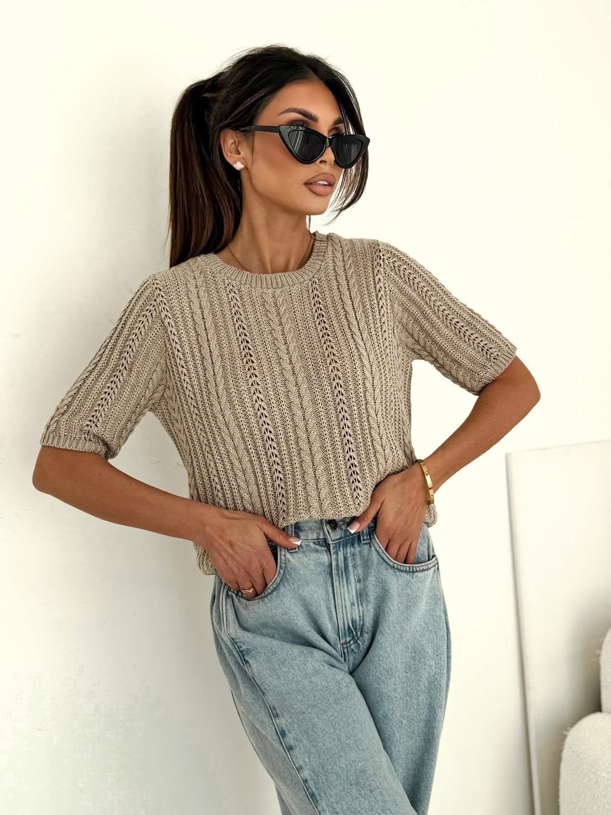  Sweter Bocca Ażurowy Warkocz z Krótkim Rękawkiem Beżowy