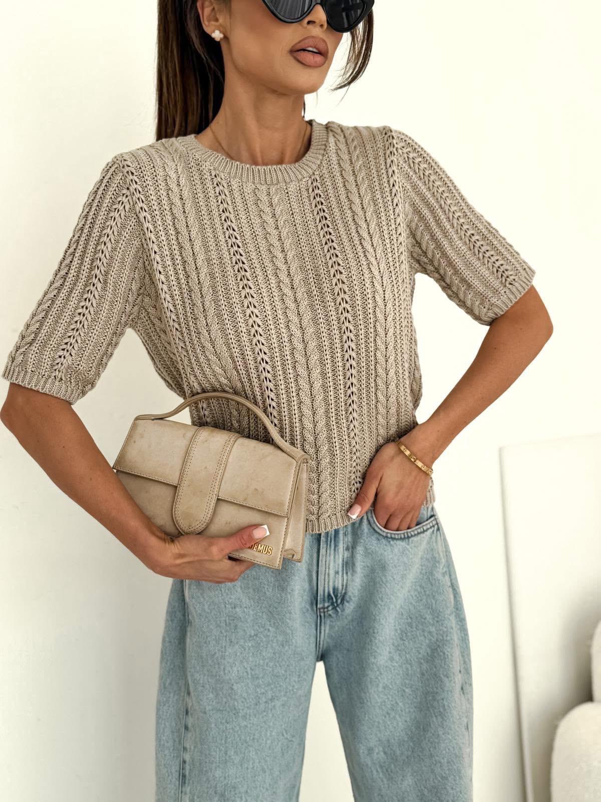  Sweter Bocca Ażurowy Warkocz z Krótkim Rękawkiem Beżowy