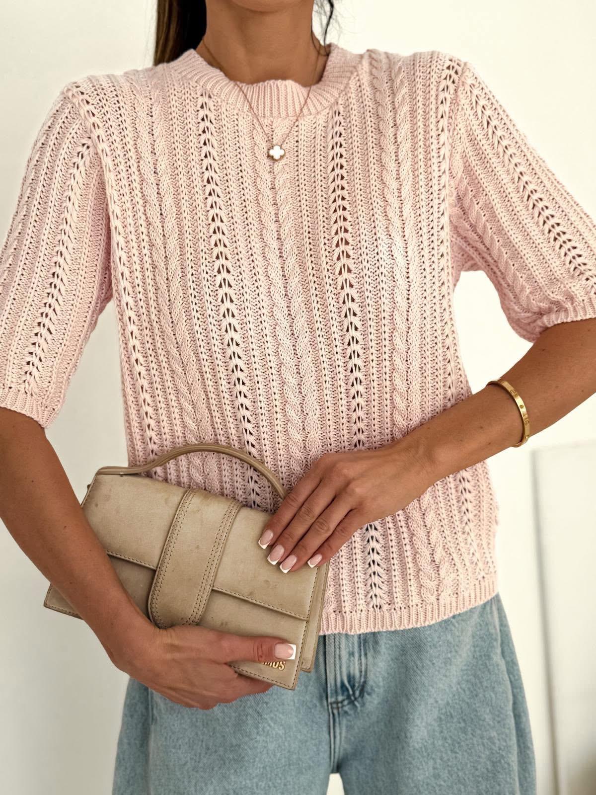  Sweter Bocca Ażurowy Warkocz z Krótkim Rękawkiem Różowy