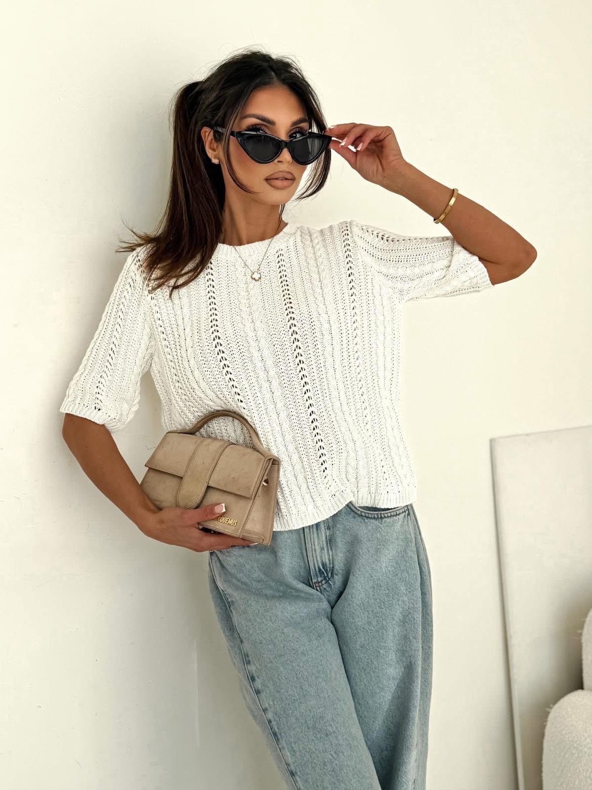  Sweter Bocca Ażurowy Warkocz z Krótkim rękawkiem Biały