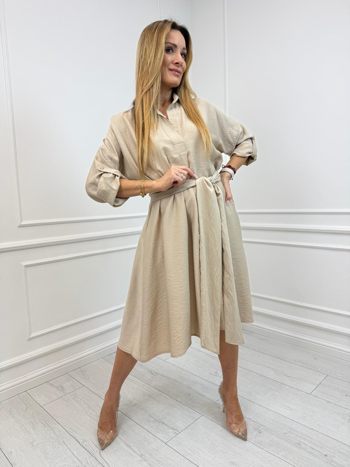 Beżowa Sukienka Koszulowa z Wiązaniem Minouu