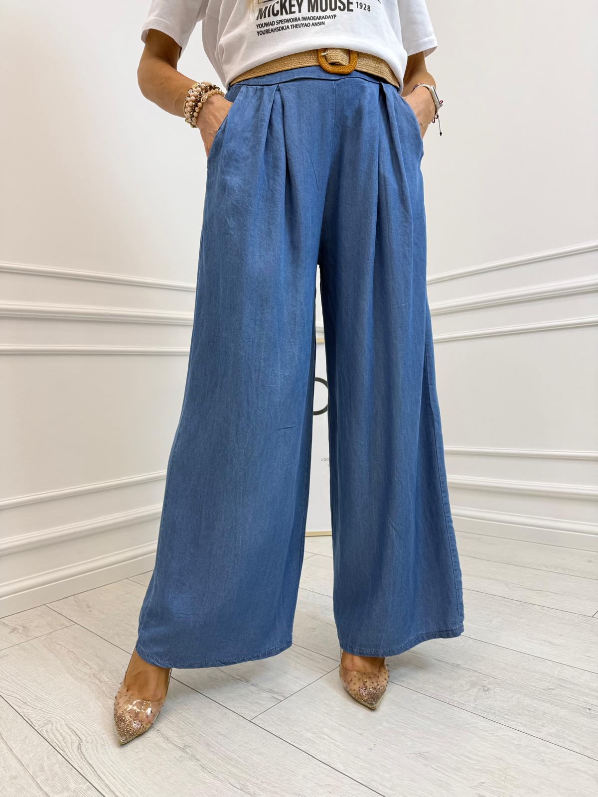 Spodnie Wide Leg z Gumą w Pasie Niebieskie 