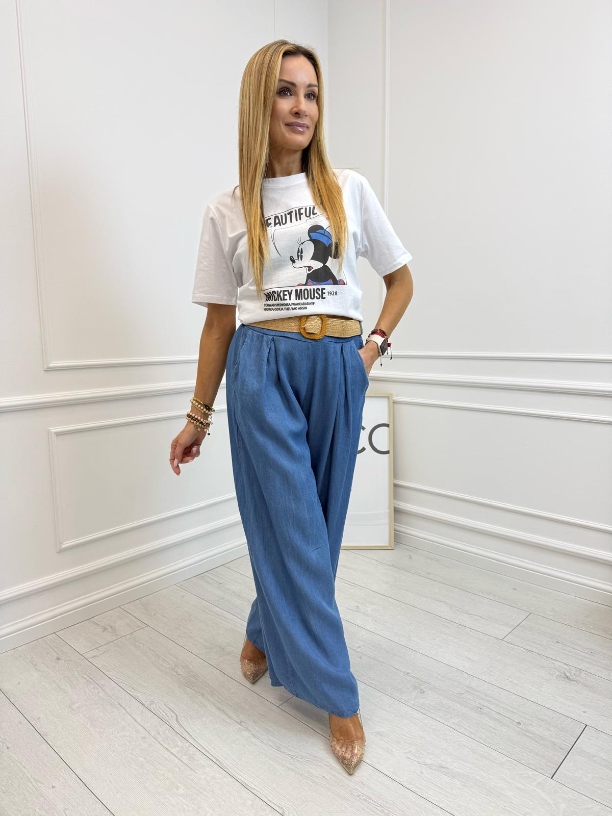 Spodnie Wide Leg z Gumą w Pasie Niebieskie 