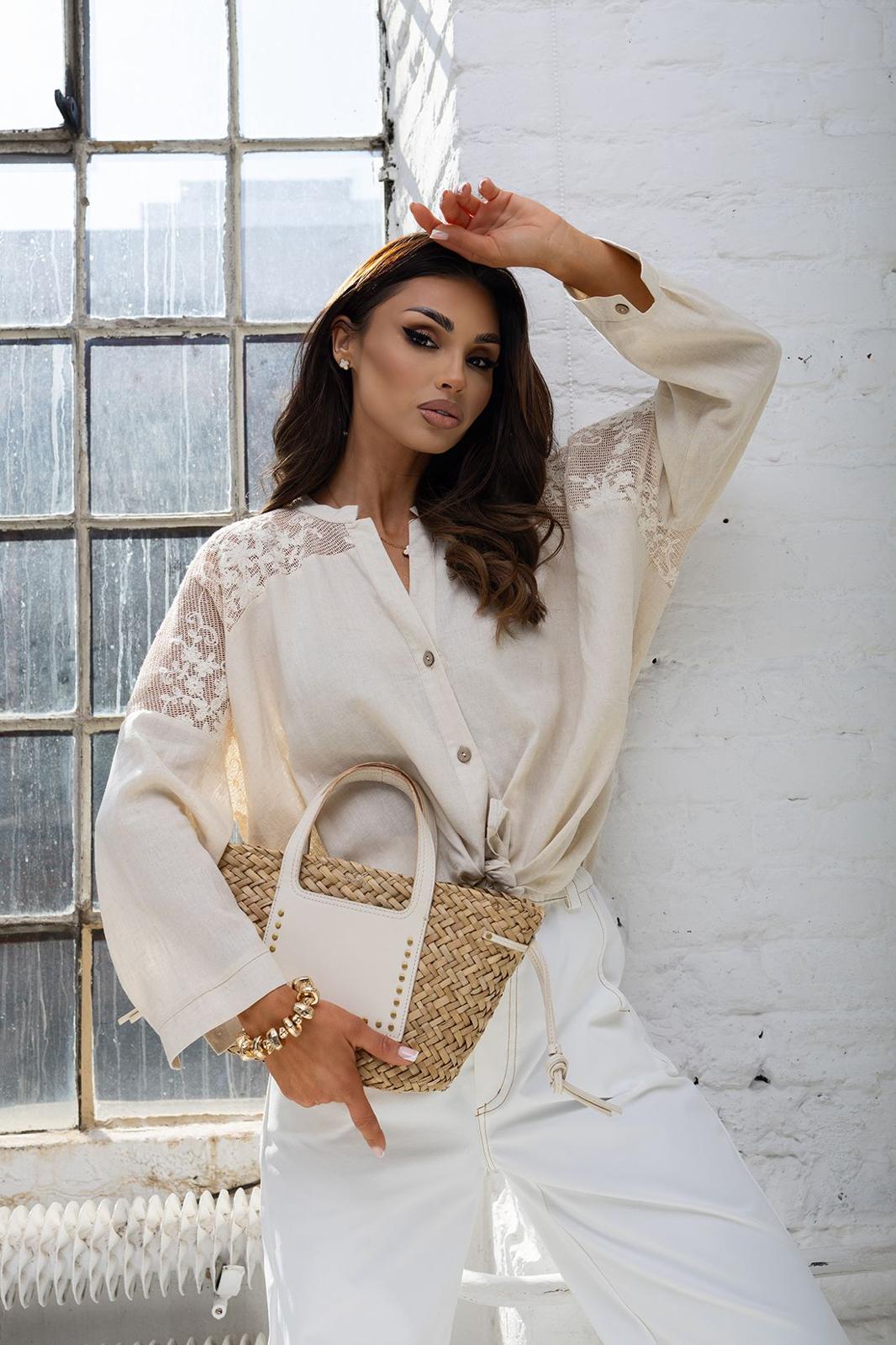 Koszula  Xana Len z Koronką Beżowa 