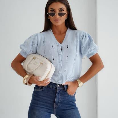 Ażurowy Sweterek BOCCA z Krótkim Rękawem Błękitny 