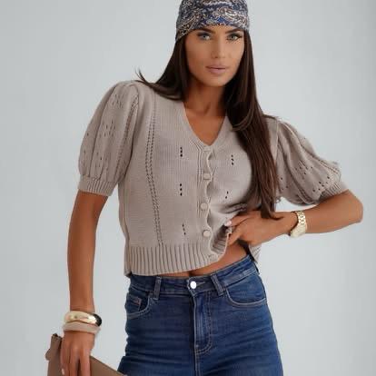 Ażurowy Sweterek BOCCA z Krótkim Rękawem Beżowy