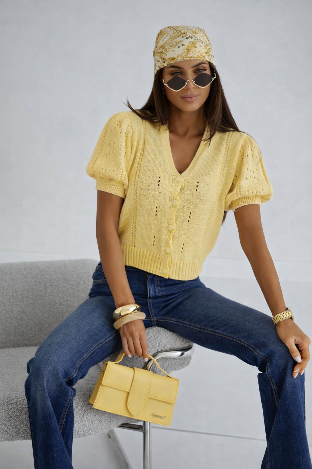 Ażurowy Sweterek BOCCA z Krótkim Rękawem Żółty