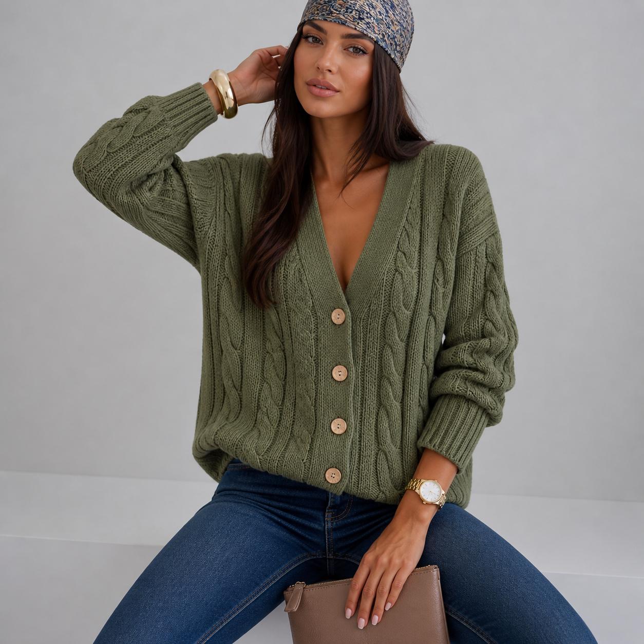 Bawełniany Kardigan Sweter Warkocz Khaki