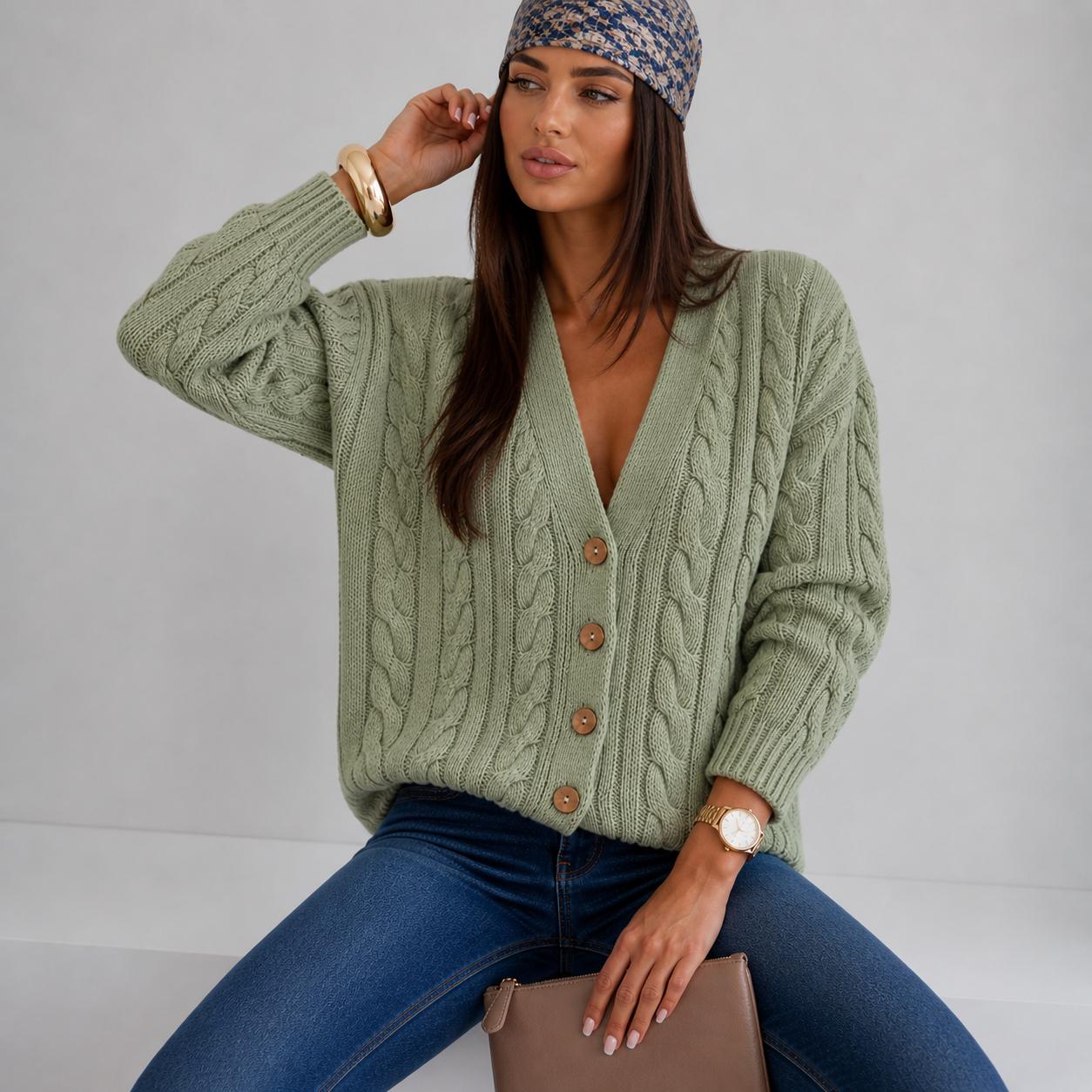 Bawełniany Kardigan Sweter Warkocz Matcha Latte