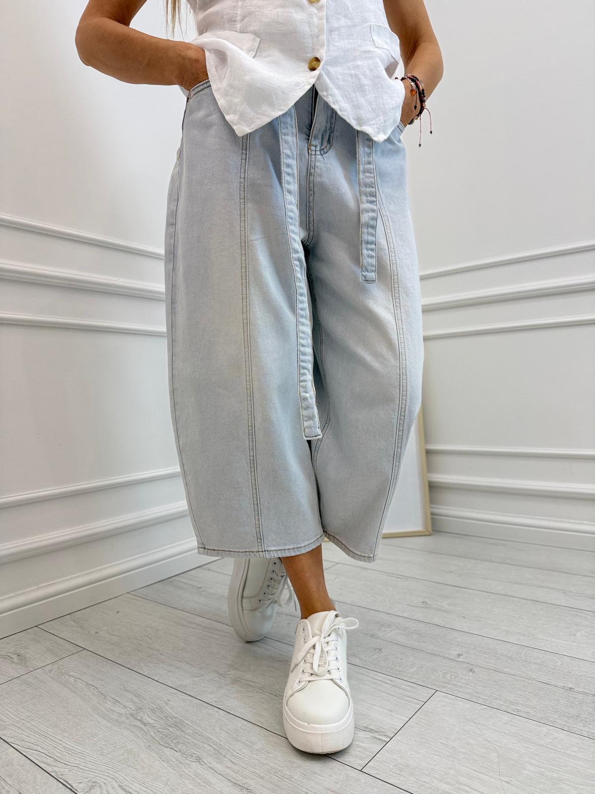 Jeansowe Spodnie Culotte Light Blue z Wiązaniem