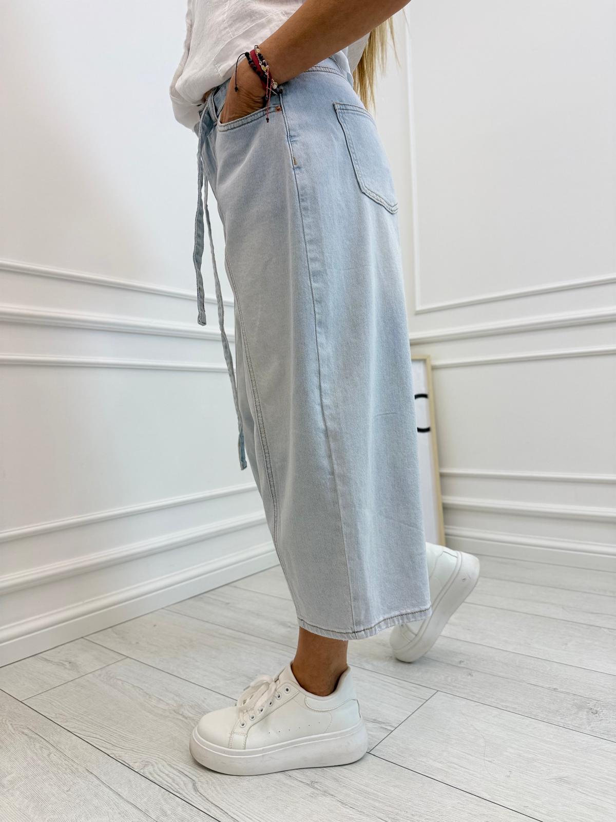 Jeansowe Spodnie Culotte Light Blue z Wiązaniem