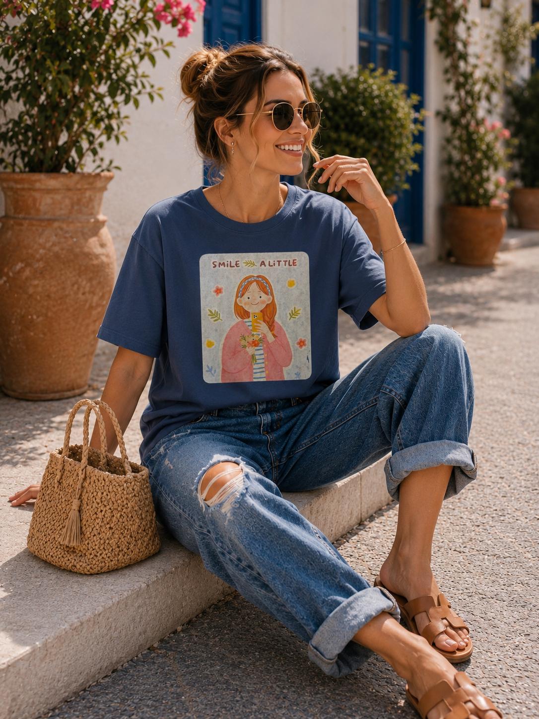 Granatowa Bluzka T-shirt z Aplikacją