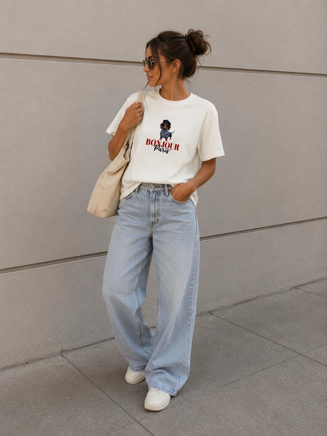 Biała Bluzka T-shirt Nooda Bonjour Paris