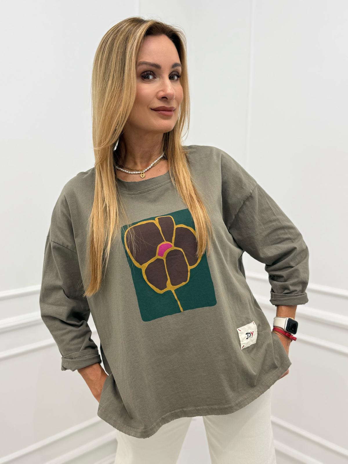 Bluzka Long z Aplikacją Flower Joy Khaki 