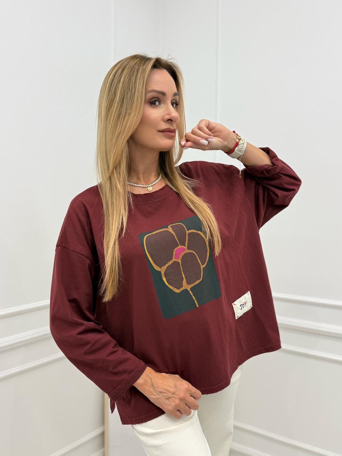 Bluzka Long z Aplikacją Flower Joy Bordowa