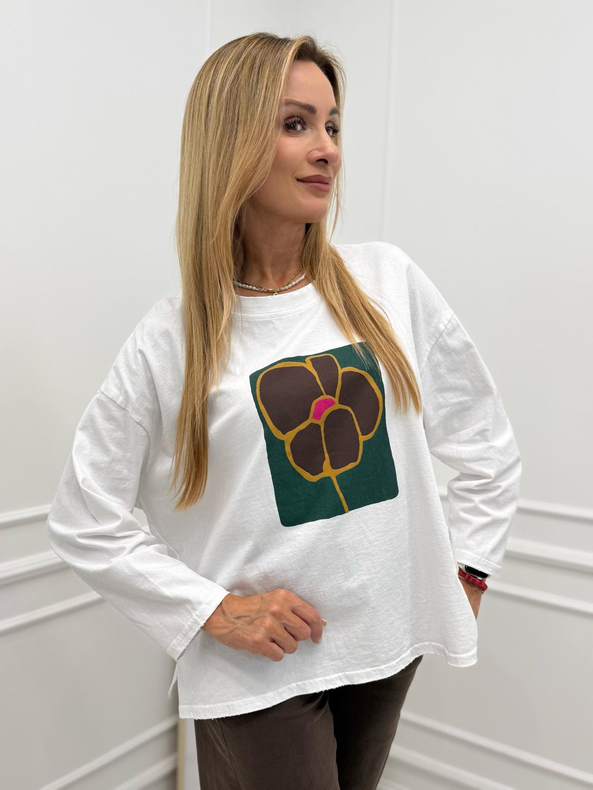 Bluzka Long z Aplikacją Flower Joy Biała