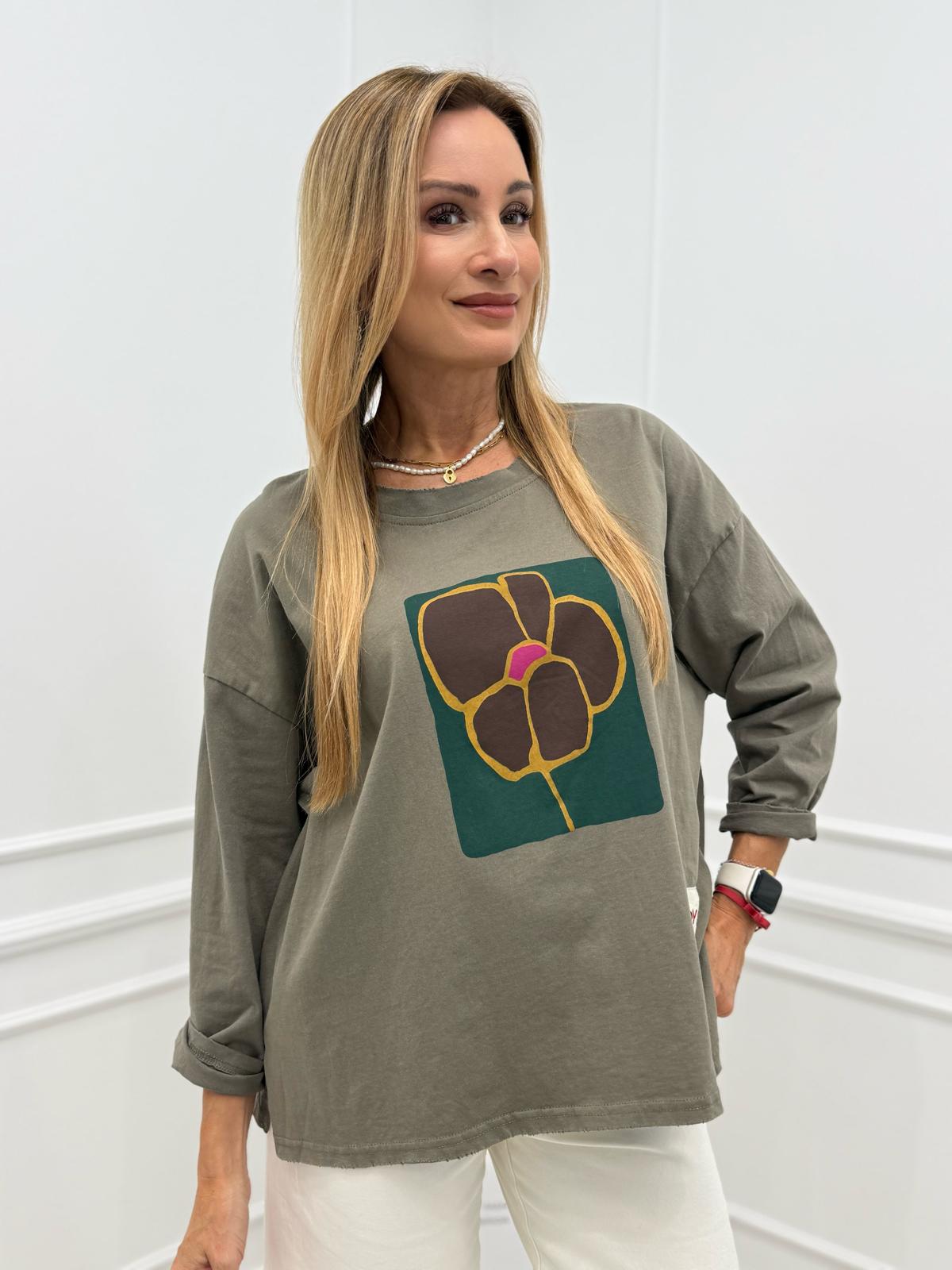 Bluzka Long z Aplikacją Flower Joy Khaki 