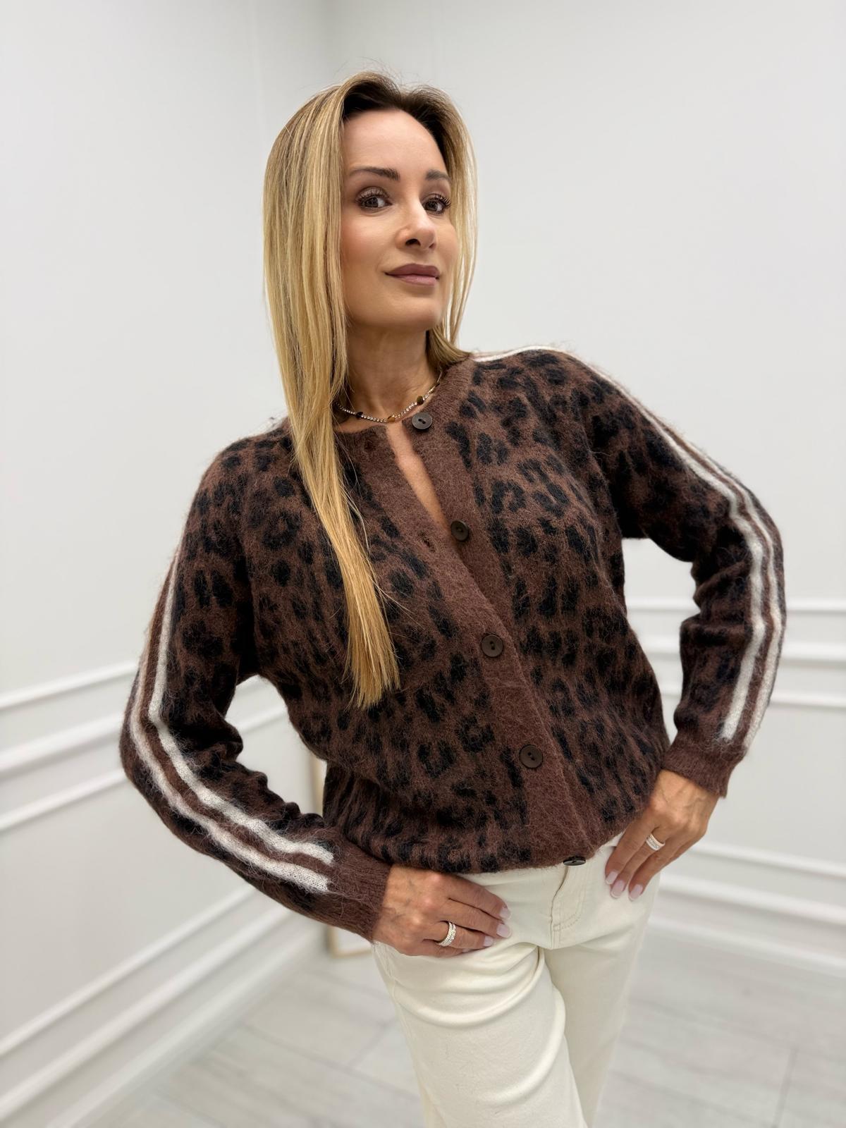 Rozpinany Sweter w Panterkę z Lampasami na Rękawach