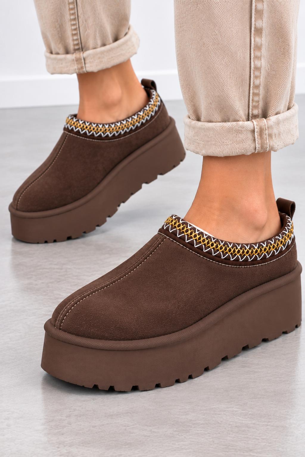Modne Buty na Platformie z Futerkiem Brązowe
