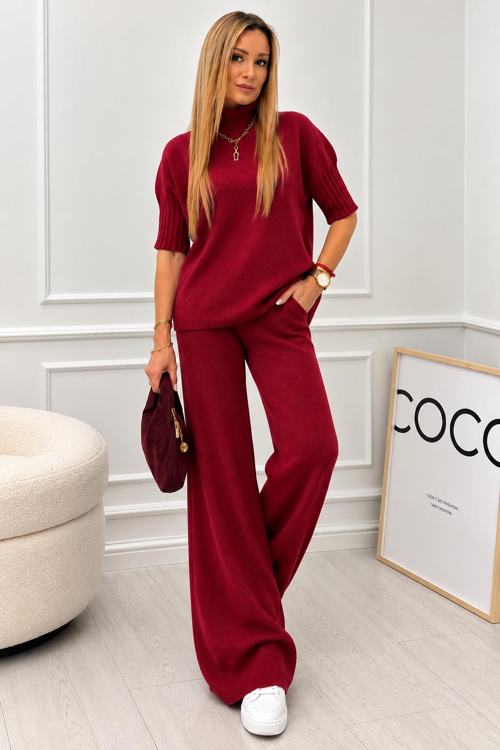 Komplet Dzianinowy SOFT ELEGANCE Sweter z Półgolfem i Szerokie Spodnie
