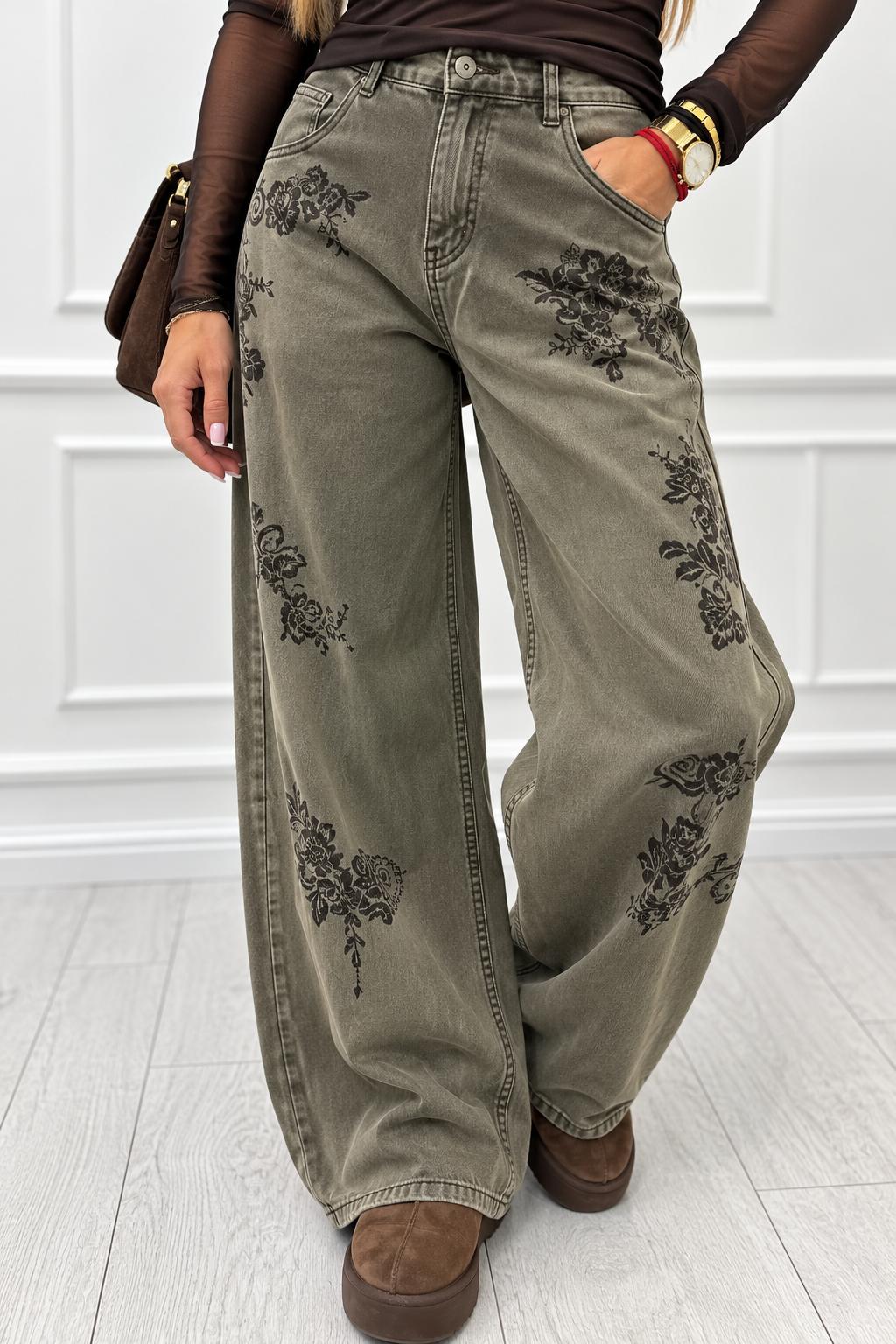 Spodnie Jeansy FLOWER VINTAGE z Szeroką Nogawką