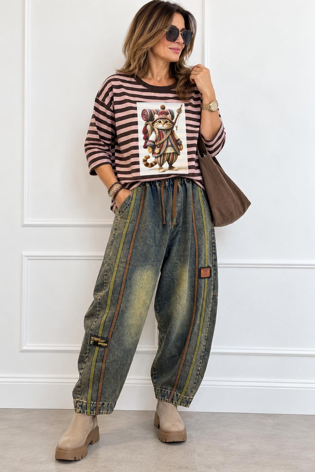 Spodnie Jeansy Balony VINTAGE STRIPE z Ozdobnymi Lampasami