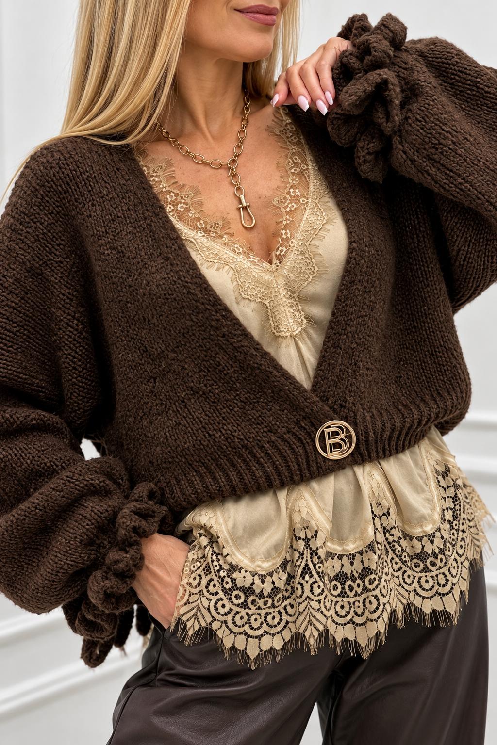 Elegancki Sweter Kardigan Czekoladowy