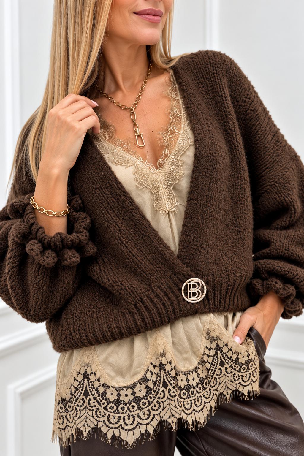 Elegancki Sweter Kardigan Czekoladowy